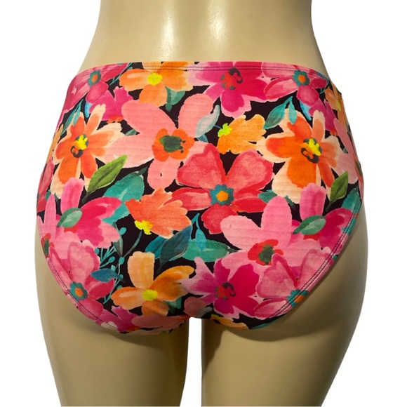 Floral Pink Smocked Bandeau Mid Rise Two Piece Bikini Set Adjustable Halter Top - Picture 6 of 15